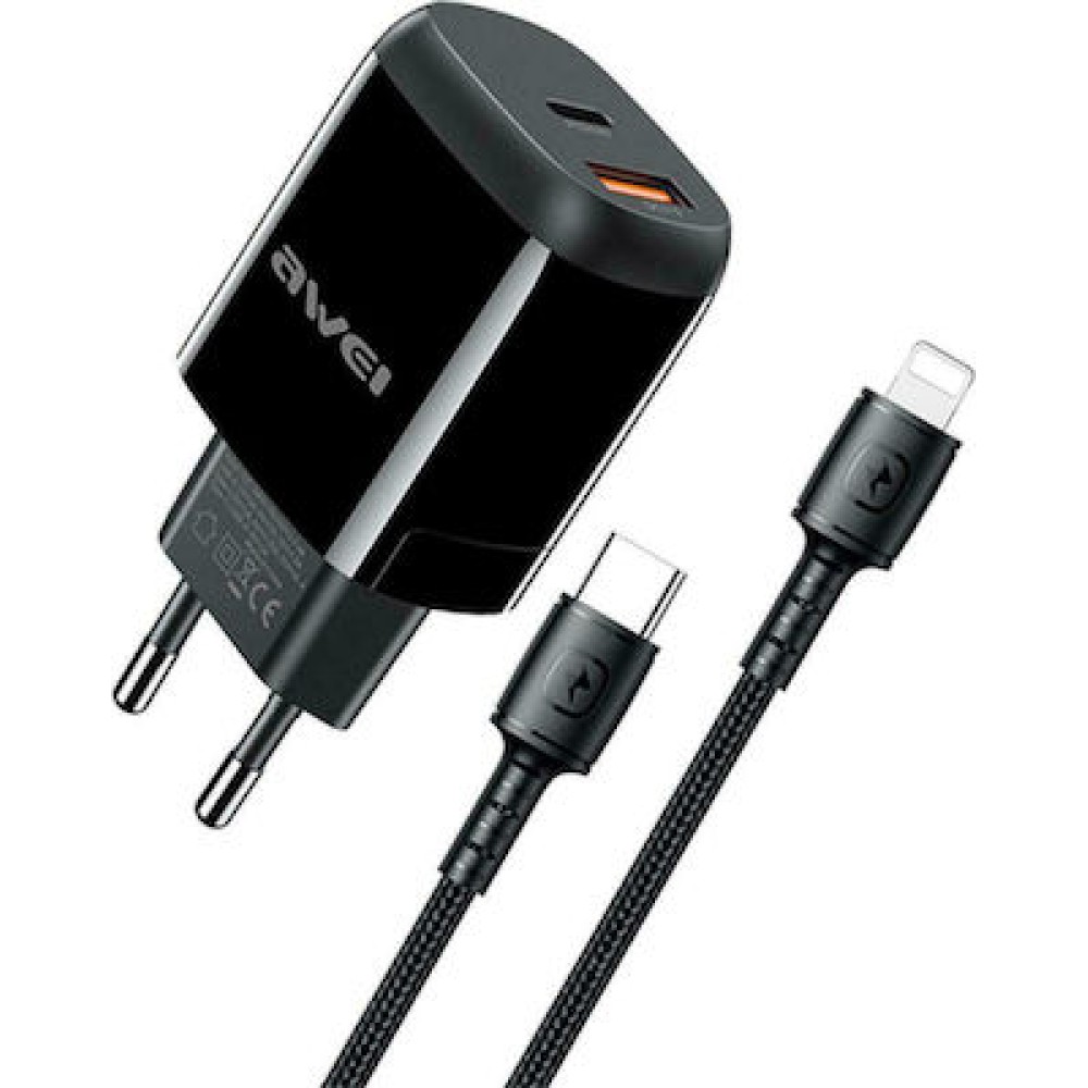 Awei PD12 Φορτιστής FAST με Θύρα USB-A και Θύρα USB-C 3A PD 20W Power Delivery 3.0